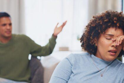 Sad, couple fighting and conflict in home for marriage problem, cheating or infidelity. Stress, div