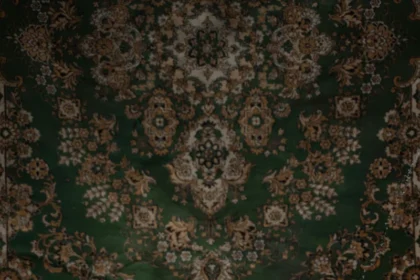 A striking visual of flowers burning on a concrete floor with a vintage carpet backdrop.