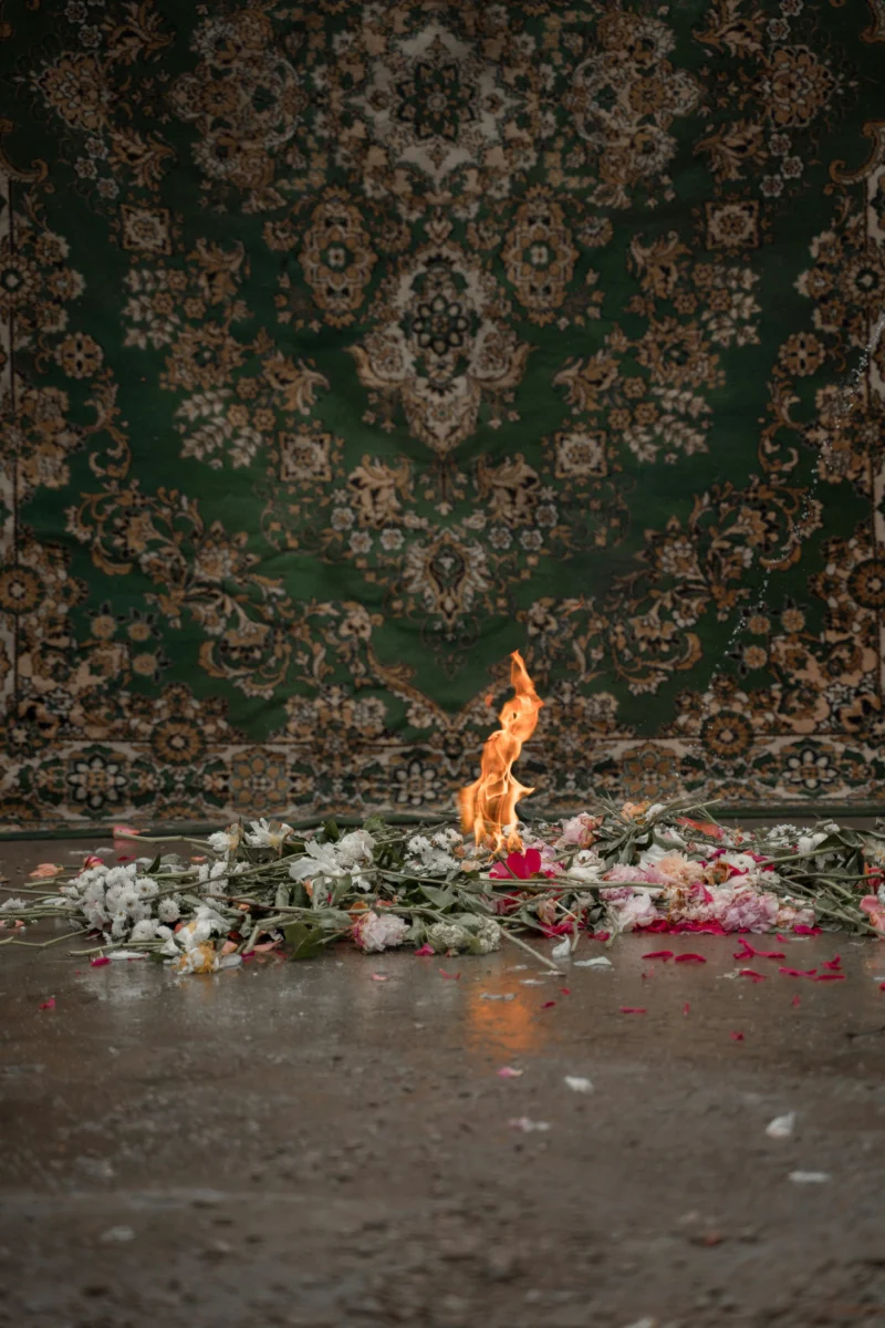 A striking visual of flowers burning on a concrete floor with a vintage carpet backdrop.